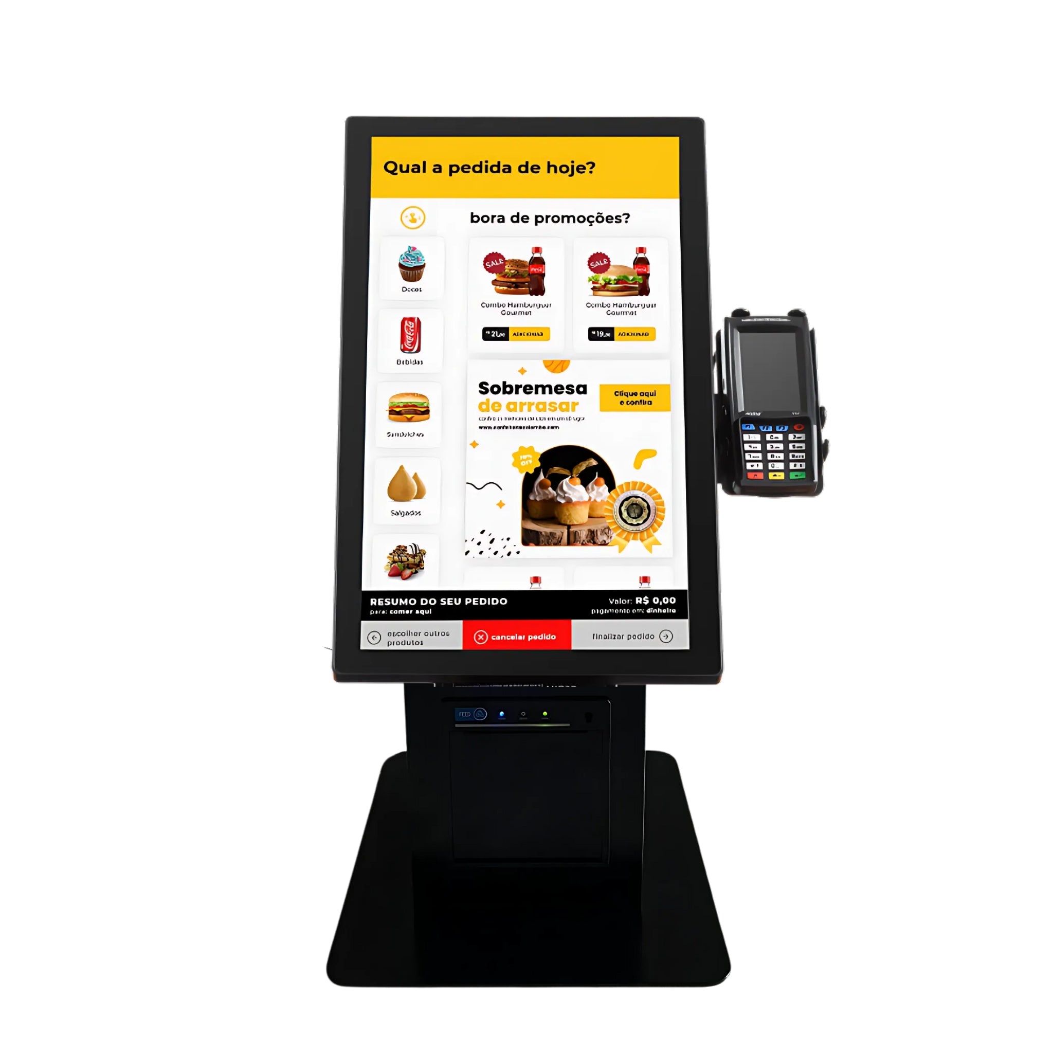 Totem de Autoatendimento 15,6” Touch Screen com Impressora, QR Code e Suporte para PINPAD