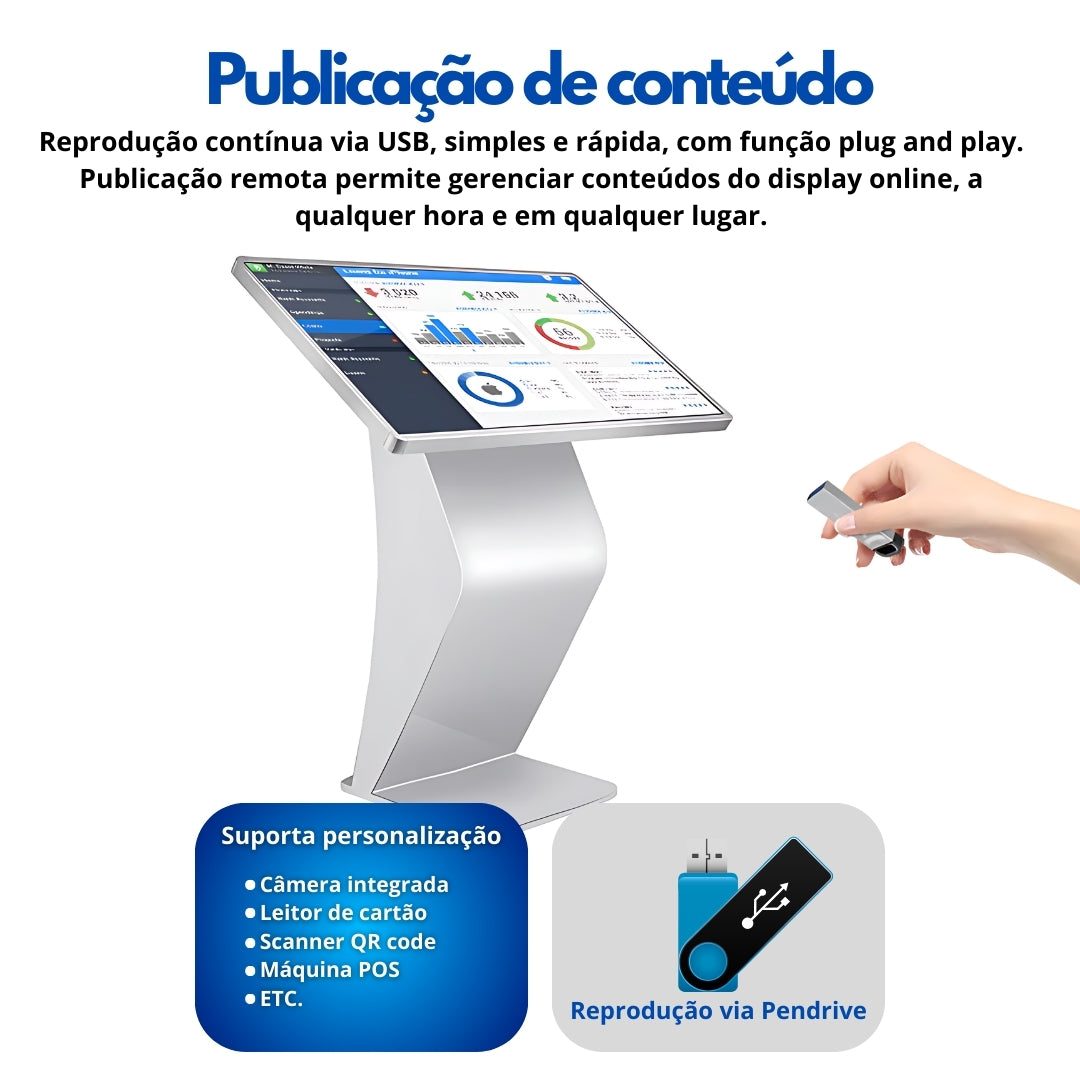Totem Digital Horizontal 32” com Android, WiFi, Bluetooth, Touch e Tela Full HD de 450 Nits