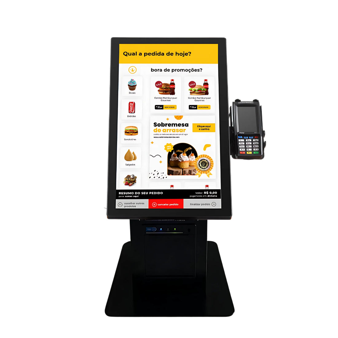 Totem de Autoatendimento 15,6” Touch Screen com Impressora, QR Code e Suporte para PINPAD