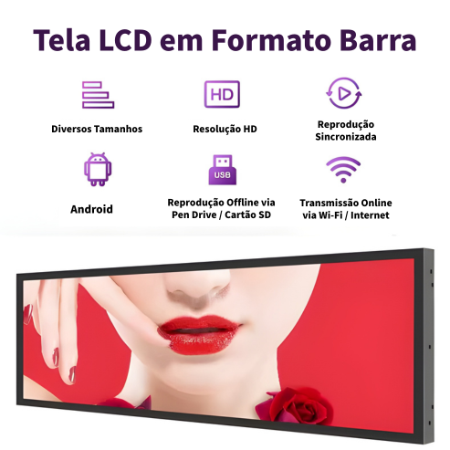Tela LCD Stretched Bar Ultrawide para Publicidade Digital – Painel Profissional de Alto Brilho 24/7